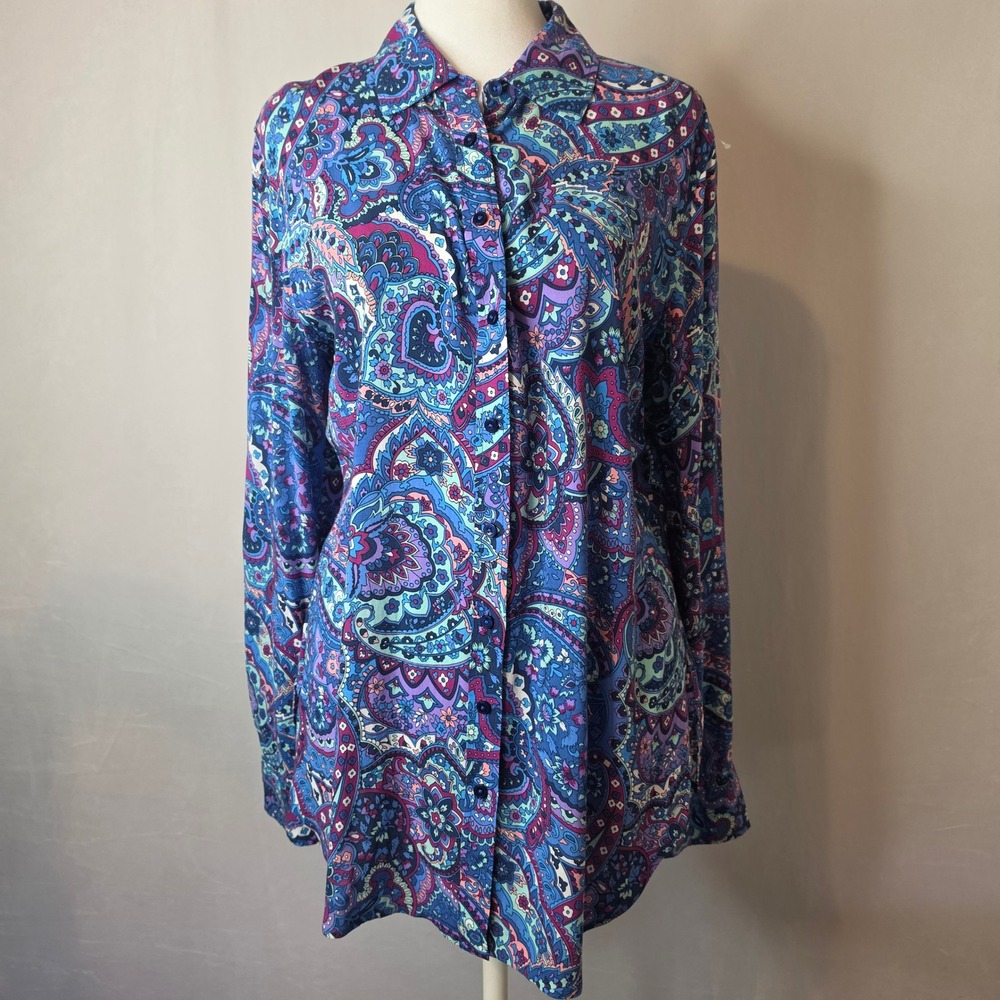 Talbots Womens Blue Purple Paisley Print Rayon Button Down Blouse Small 03/16
